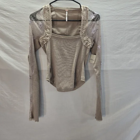 Free People Women’s Small Jolie Long Sheer Sleeves Square Neck Cashmere Camo New - Picture 7 of 10